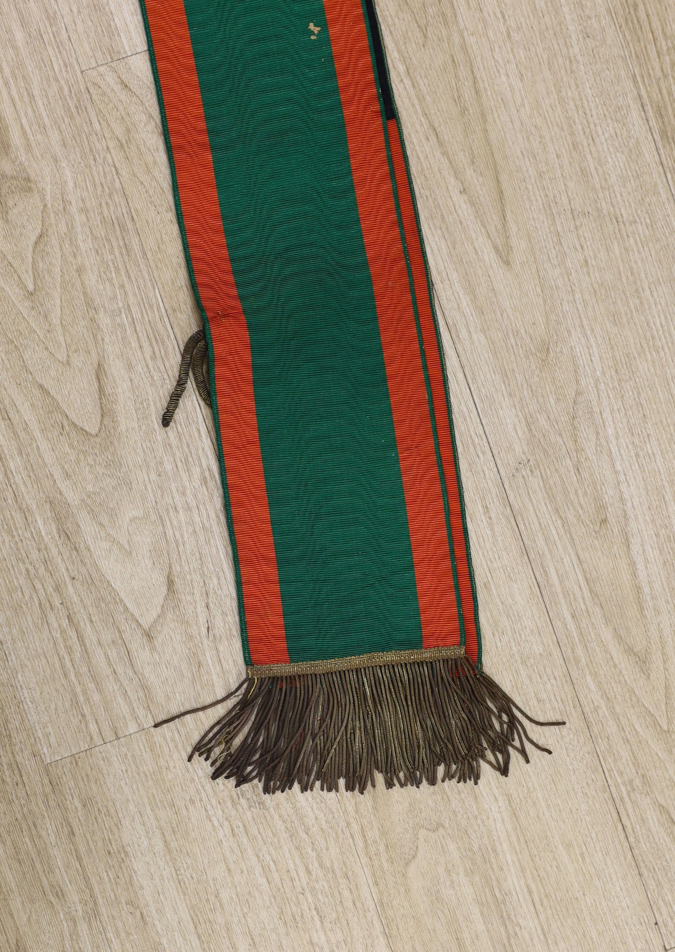 Railway Interest - A metal thread embroidered silk sash inscribed ‘Railway Men of E I S & W, Broad Street Branch - presented to E.J. Foulkes by branch benevolent fund’ - approx 190cm long